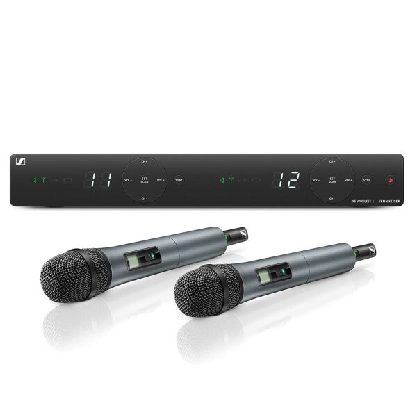 Sennheiser XSW 1-825 DUAL 2-Kanal-Drahtlos-System für Sänger und Moderatoren. Stabiles UHF-Band, integrierte Antennen, intuitives Menü-Design.